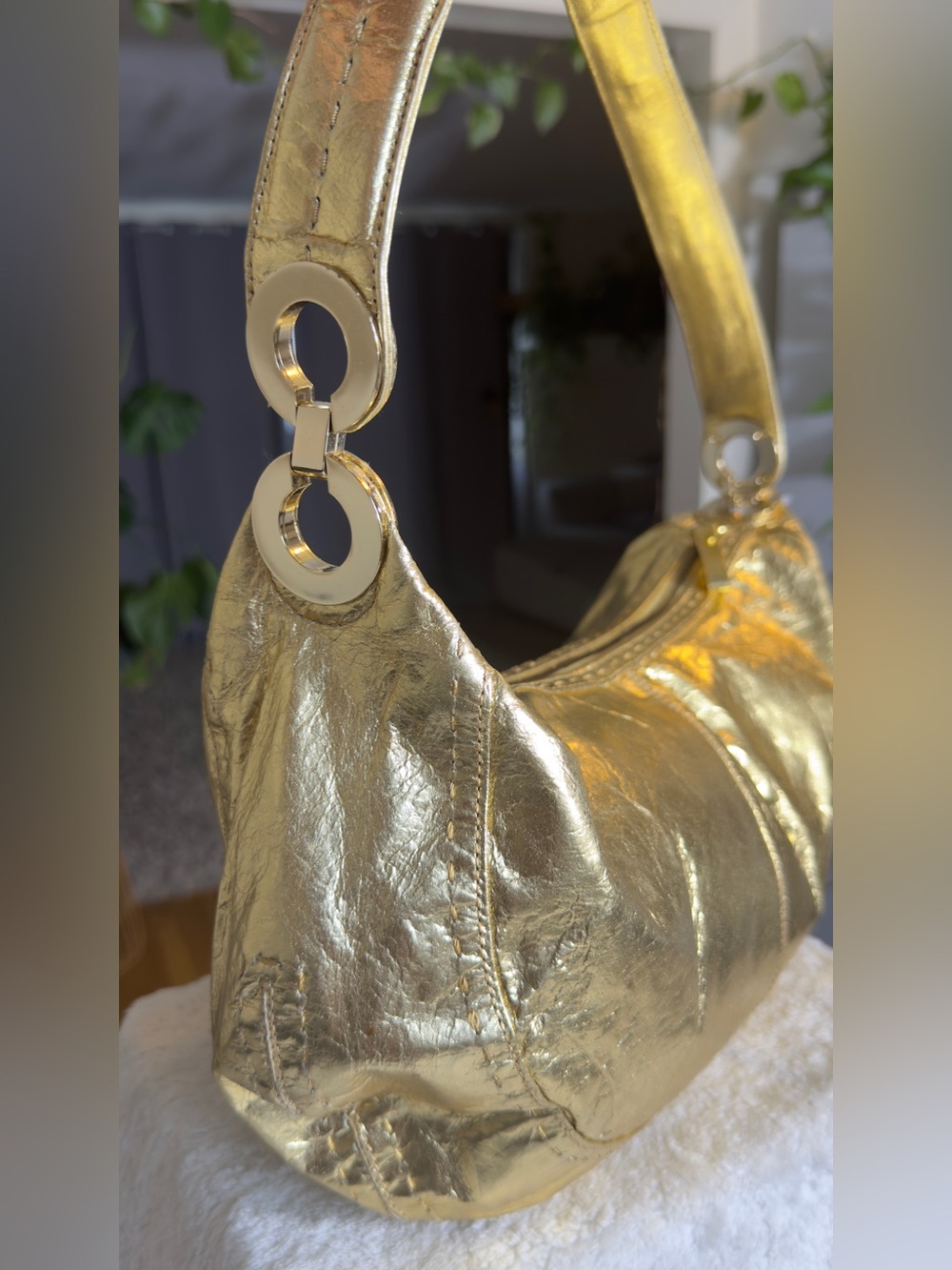 New Valerie Stevens Gold Leather Hobo Shoulder Bag